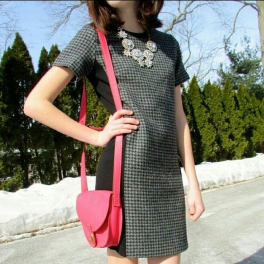 J Crew Houndstooth and Black Leather Sheath Dress